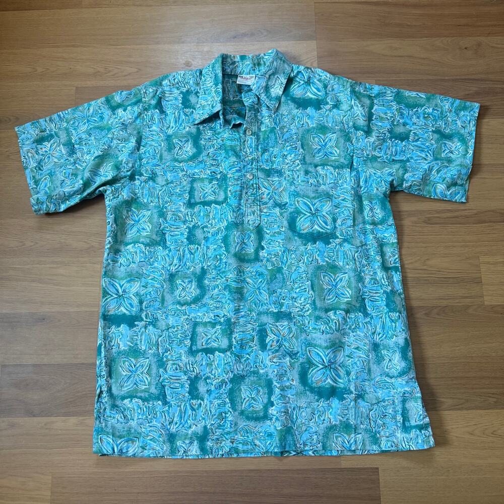 Vintage 90's Go Barefoot Trader Joes Uniform Blue Hawaiian Floral Polo Shirt L